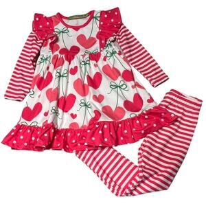 millie loves lilly Heart Ruffle Outfit Girls Size 2 Matching Set with Stripe Leg